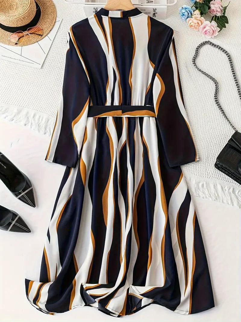 My Western Abstract Print Surplice Neck Belted Dress, Casual Long Sleeve Dress My Western